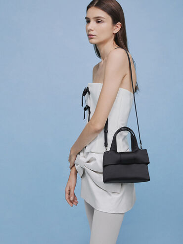 Satin Bow Bucket Bag, Noir, hi-res