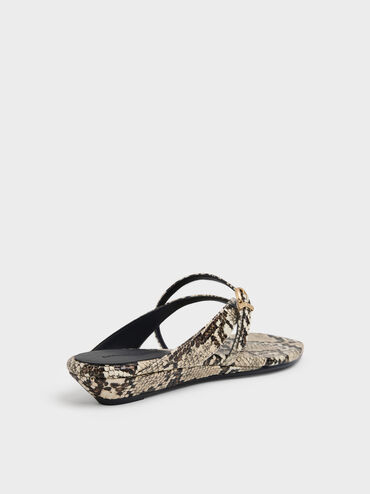 Snake-Print Buckled Thong Wedges, Animal Print Natural, hi-res