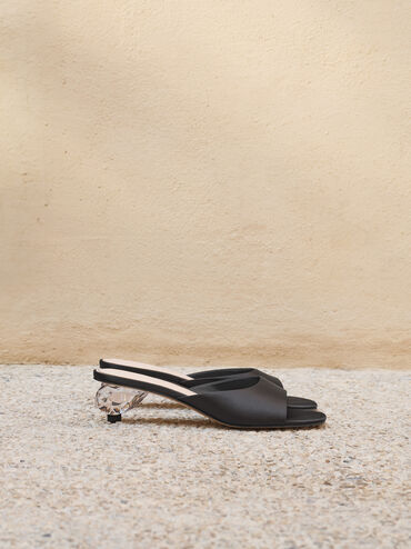 Satin Crystal-Heel Mules, Black Textured, hi-res
