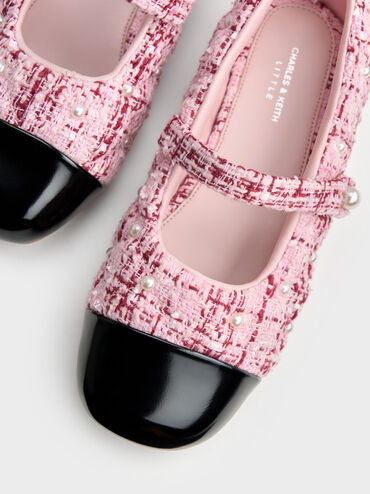 Girls' Tweed Pearl Mary Jane Flats, Pink, hi-res