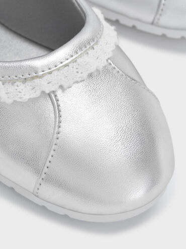 Girls' Metallic Lace-Trim Mary Jane Sneakers, Silver, hi-res