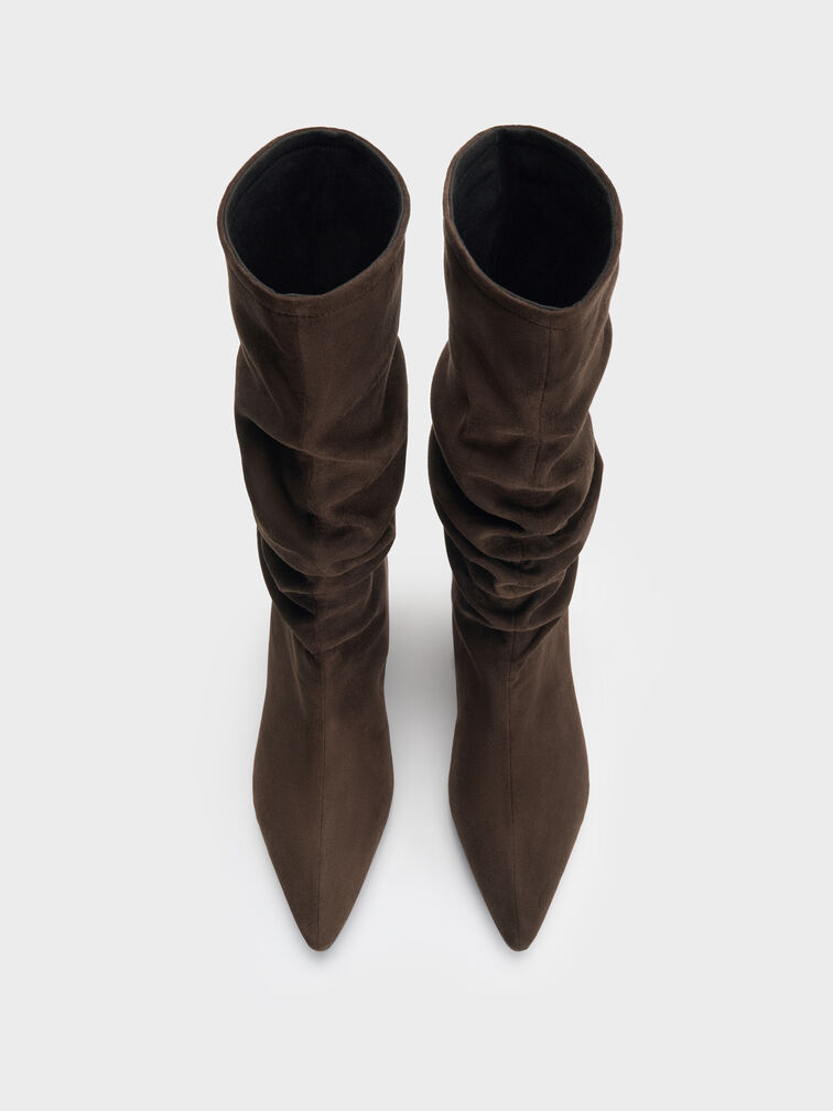 Faux Suede Ruched Kitten-Heel Calf Boots, Dark Brown Textured, hi-res