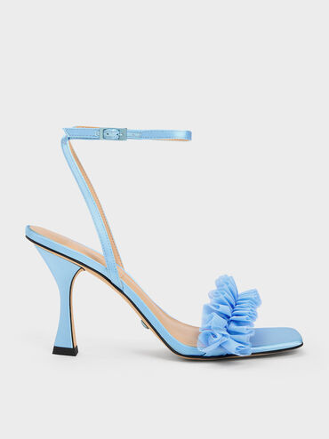 Recycled Polyester Ruffled Mesh Heeled Sandals, Blue, hi-res