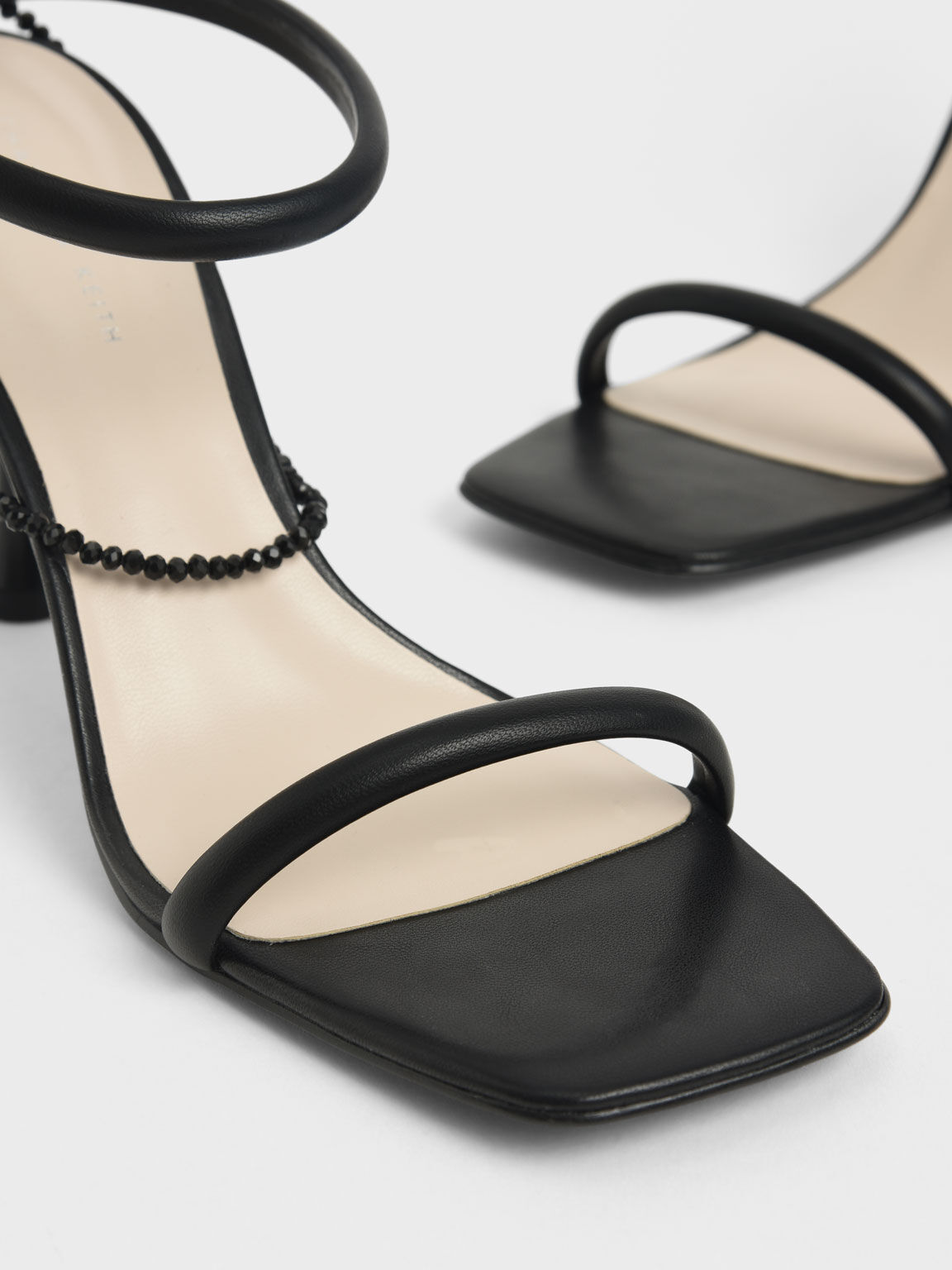 Beaded Strap Heeled Sandals, Black, hi-res