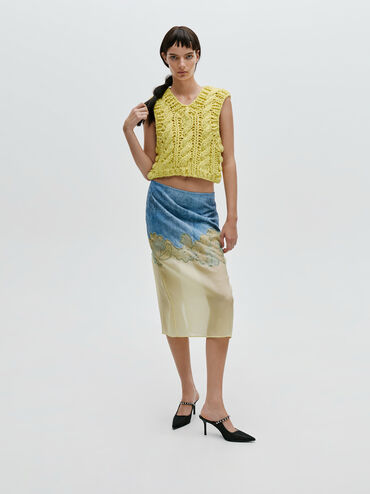 Lace & Satin Crystal Heeled Mules, Black Textured, hi-res