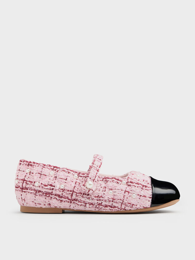 Pink Girls' Tweed Pearl-Embellished Cap-Toe Mary Jane Flats