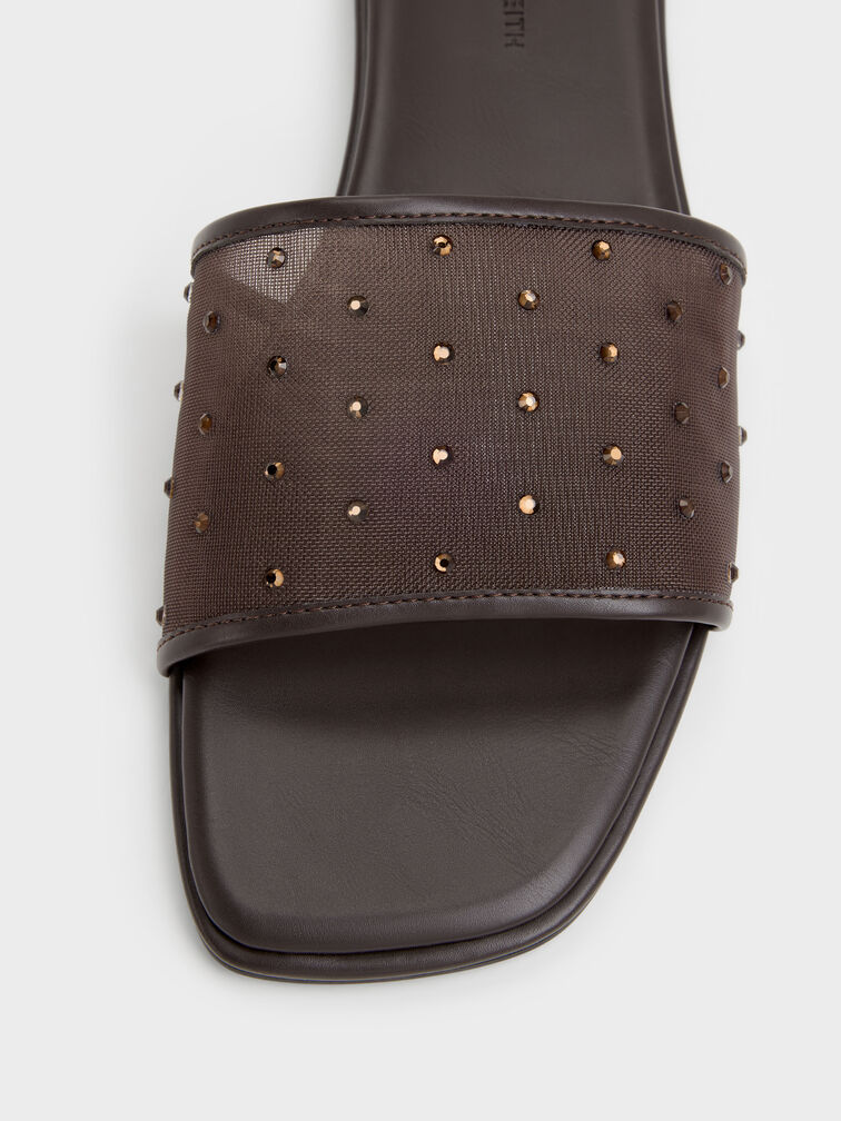 Mesh Crystal Slide Sandals, Dark Brown Textured, hi-res