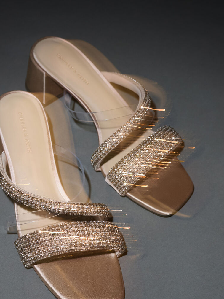 Glittered Crystal Clear-Strap Mules, Nude, hi-res