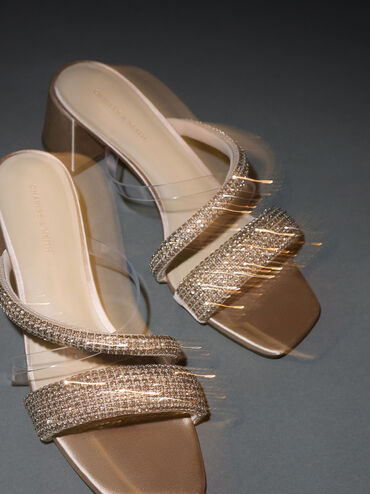 Glittered Crystal Clear-Strap Mules, Nude, hi-res