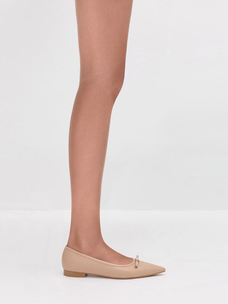 Bow Metallic-Accent Pointed-Toe Ballet Flats, Nude, hi-res