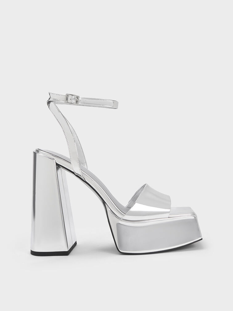 Giày sandals cao gót Metallic Platform Ankle-Strap, Bạc, hi-res
