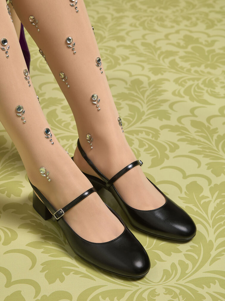 Block-Heel Slingback Mary Jane Pumps, Black, hi-res