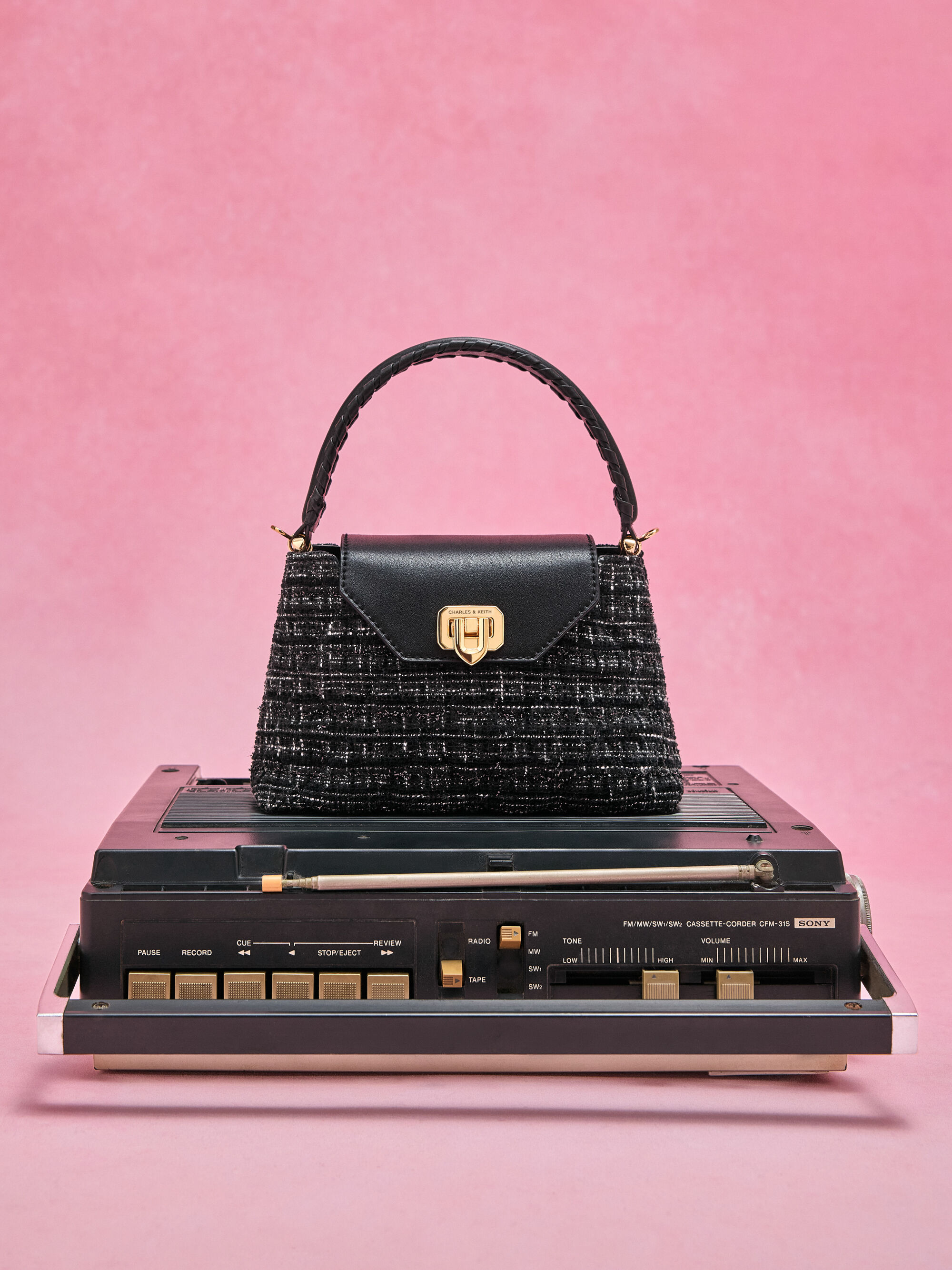 Arwen Tweed Quilted Top Handle Bag - Black Tweed - CHARLES & KEITH VN