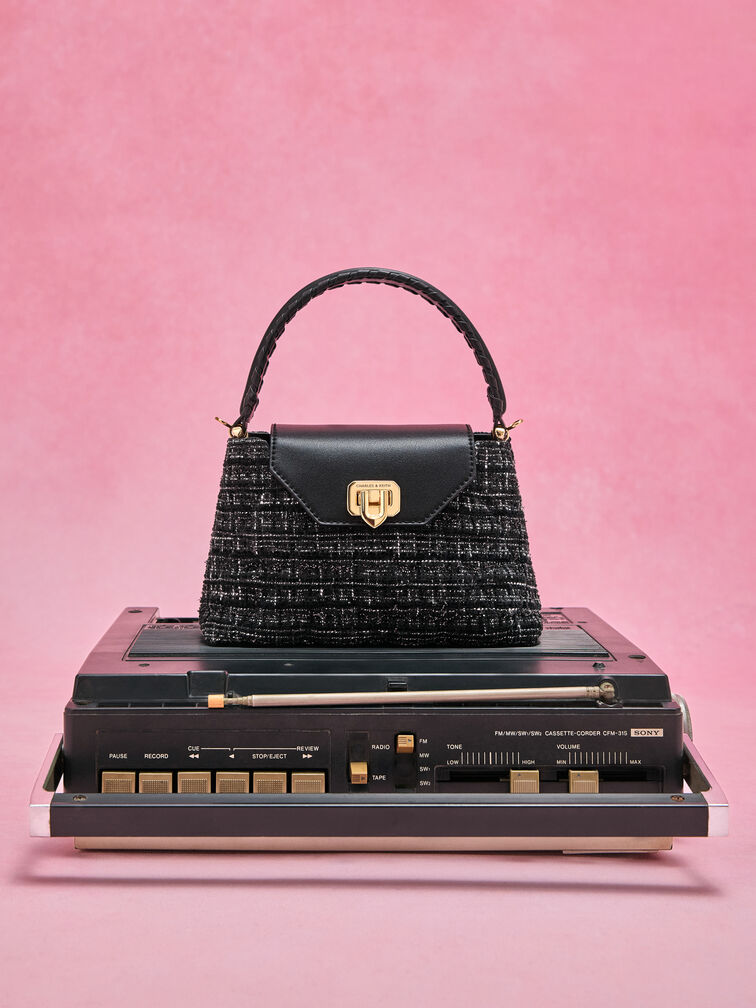 Arwen Tweed Quilted Braided-Strap Top Handle Bag, Black Tweed, hi-res