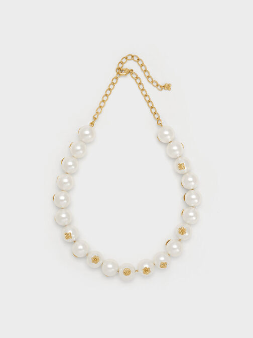 Flower-Embellished Pearl Necklace, Gold, hi-res