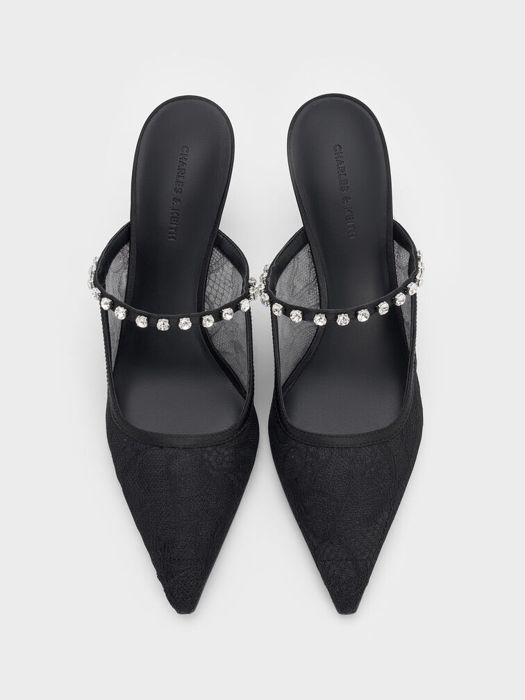 Lace & Satin Crystal Heeled Mules, Black Textured, hi-res