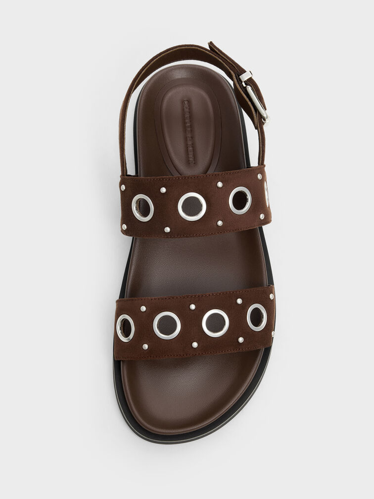 Faux Suede Grommet Slingback Sandals, Dark Brown Textured, hi-res