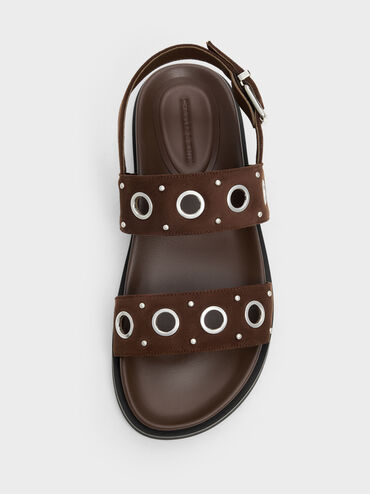 Faux Suede Grommet Slingback Sandals, Dark Brown Textured, hi-res