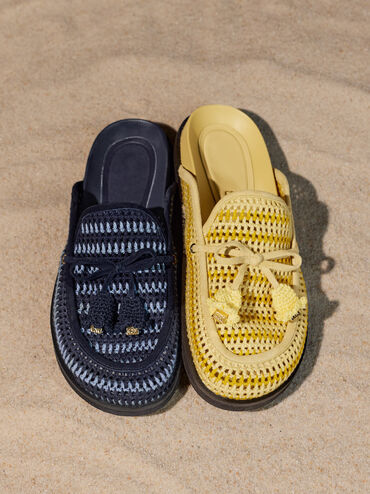 Crochet & Suede Flower Mules, Yellow, hi-res