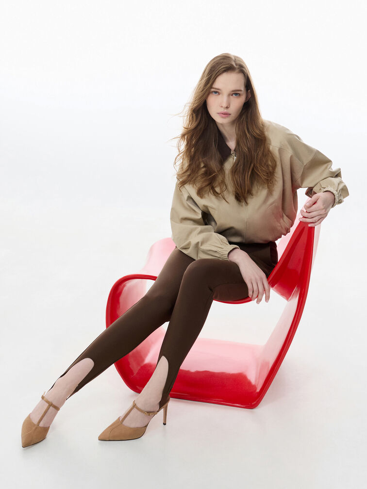 Suede T-Bar Pointed Heeled Mules, Sand, hi-res