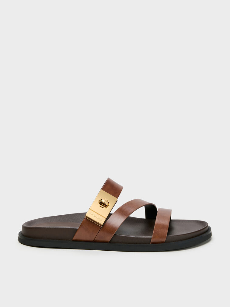 Aelin Metallic-Buckle Strappy Sandals, Cognac, hi-res