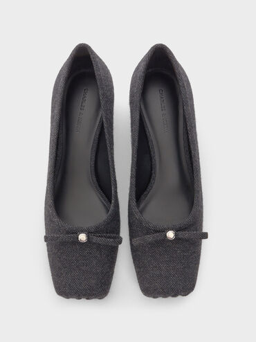 Giày búp bê mũi vuông Felt Bow Metallic-Accent, Xám đậm, hi-res