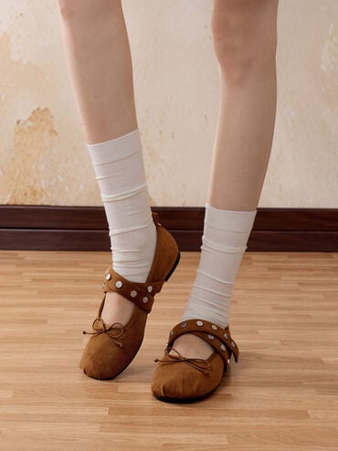 Gael Faux Suede Studded Crossover-Strap Bow Mary Janes, Brown, hi-res