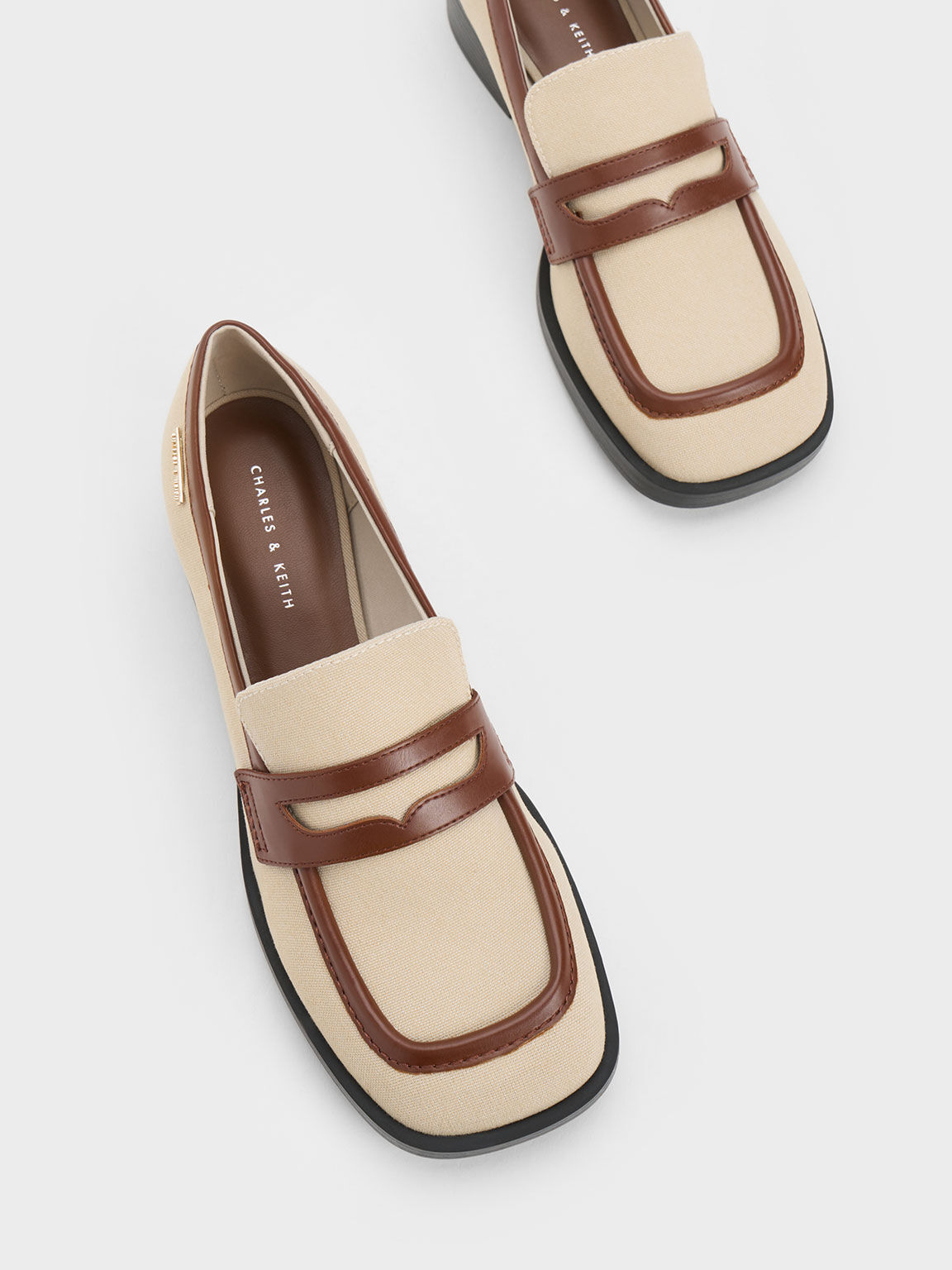 Giày loafers mũi vuông Canvas Cut-Out Penny, Be, hi-res