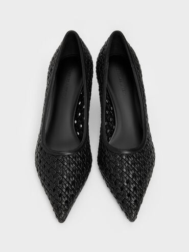 Woven Pointed Stiletto Pumps, Black, hi-res