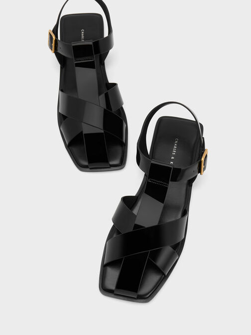 Giày sandals mũi vuông Patent Strappy Crossover, Đen bóng, hi-res
