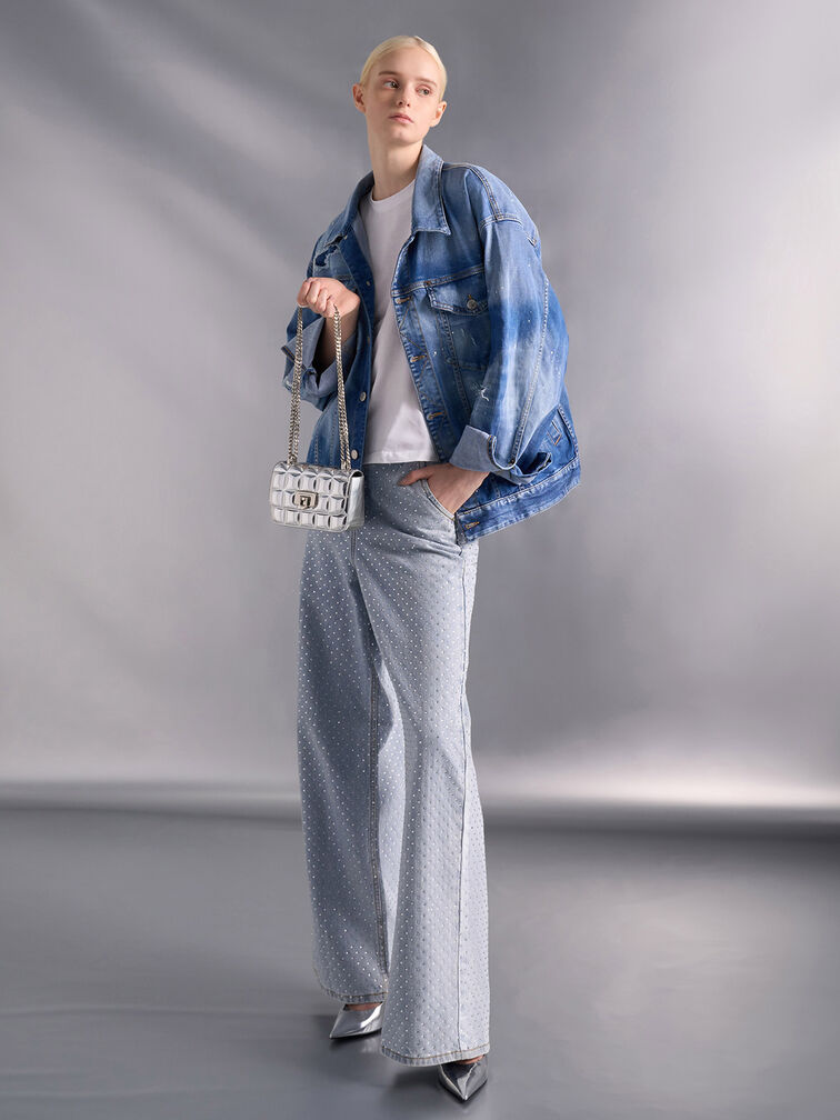 Metallic Square-Quilted Chain-Handle Bag, Silver, hi-res