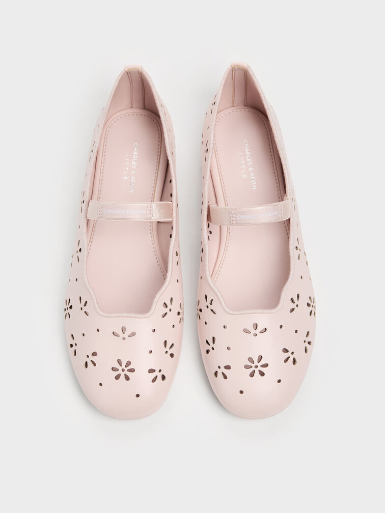 Girls' Floral Cut-Out Mary Jane Flats, Light Pink, hi-res