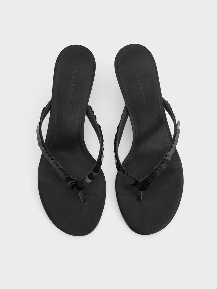 Briella Sequinned Heeled Thong Sandals, Black Textured, hi-res