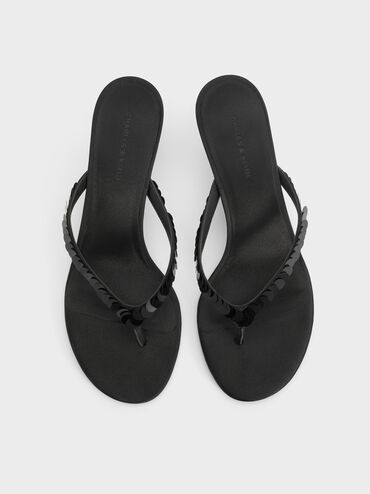 Briella Sequinned Heeled Thong Sandals, Black Textured, hi-res