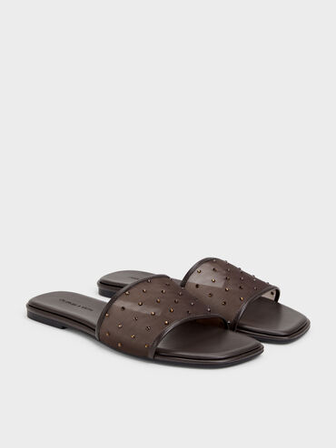 Mesh Crystal Slide Sandals, Dark Brown Textured, hi-res