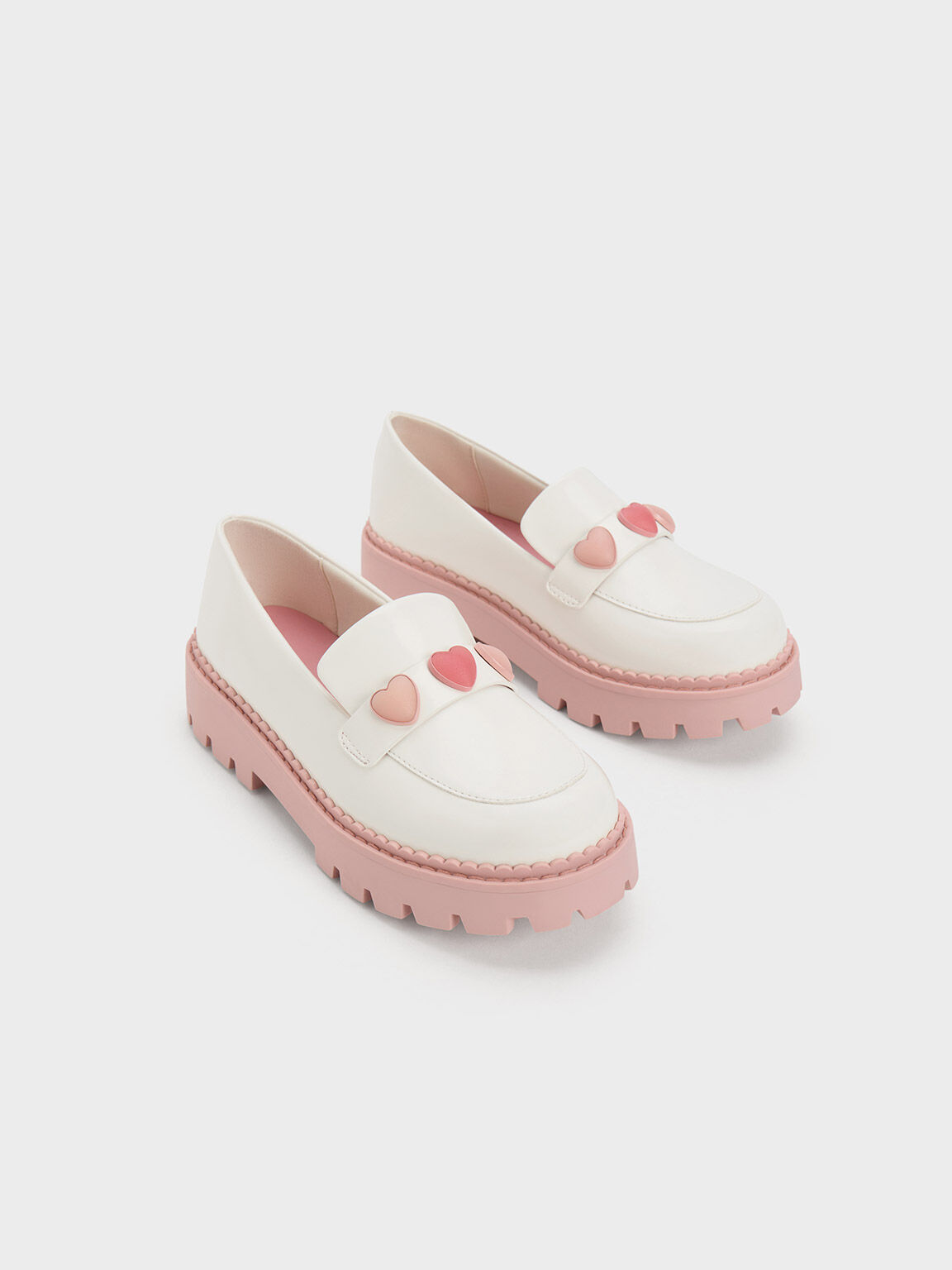 Girls' Heart-Motif Penny Loafers, White, hi-res