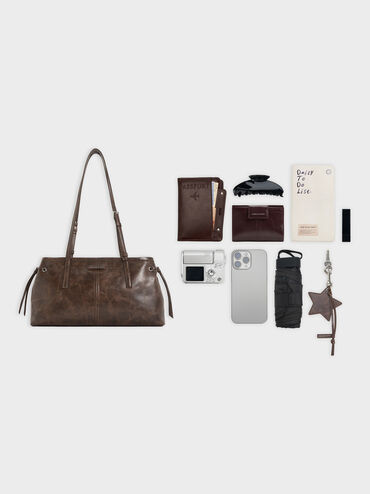 Noane Elongated-Handle Shoulder Bag, Distressed Coffee, hi-res