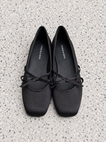 Gi&agrave;y b&uacute;p b&ecirc; mũi vu&ocirc;ng Satin Bow, Đen họa tiết, hi-res