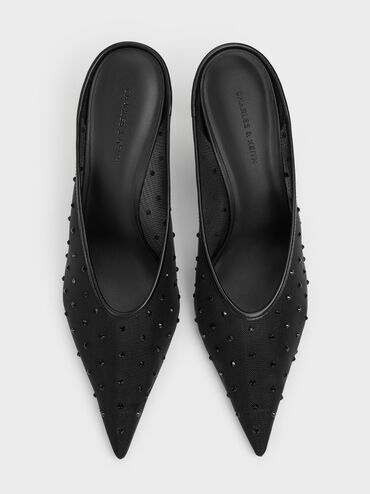 Mesh Crystal Pointed Heeled Mules, Black Textured, hi-res
