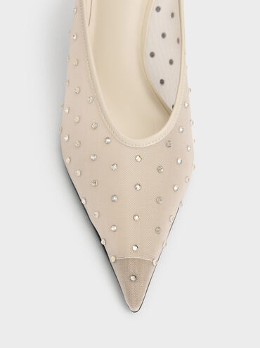 Mesh Crystal Pointed Heeled Mules, Beige, hi-res