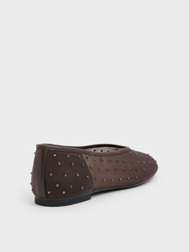 Mesh Crystal Ballet Flats, Dark Brown Textured, hi-res