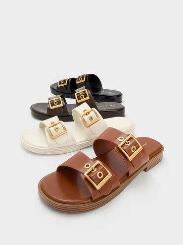 Buckled Double Strap Slide Sandals, White, hi-res