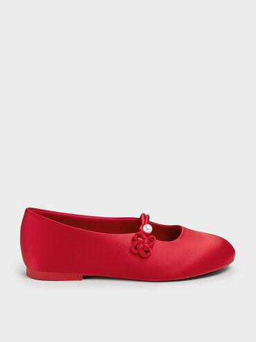 Girls' Orinda Knot-Pearl Mary Jane Flats, Red, hi-res