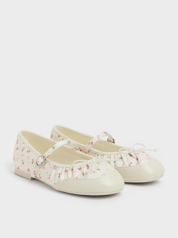 Girls' Satin Printed Bow Mary Jane Flats, Chalk, hi-res