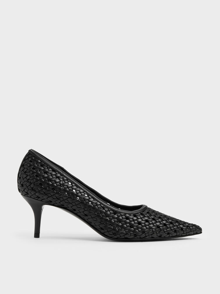 Woven Pointed Stiletto Pumps, Black, hi-res
