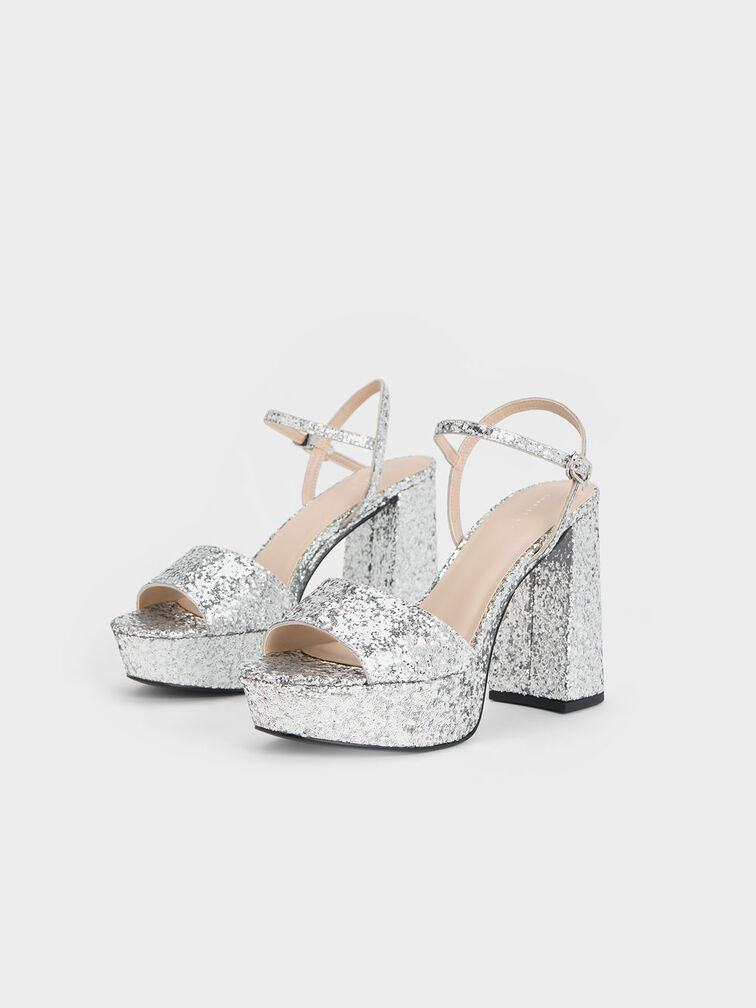 Glittered Ankle-Strap Platform Sandals, Silver, hi-res