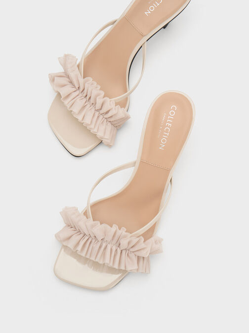 Recycled Polyester Ruffled Mesh Heeled Mules, Chalk, hi-res