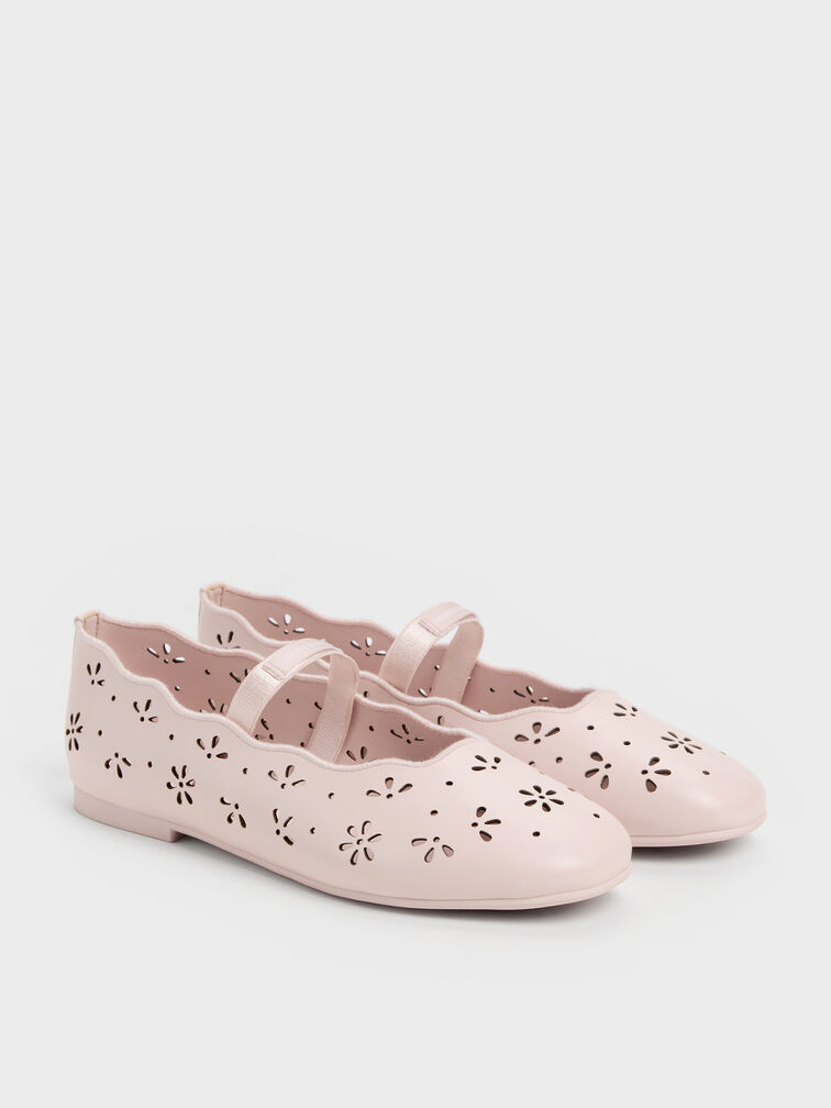 Girls' Floral Cut-Out Mary Jane Flats, Light Pink, hi-res