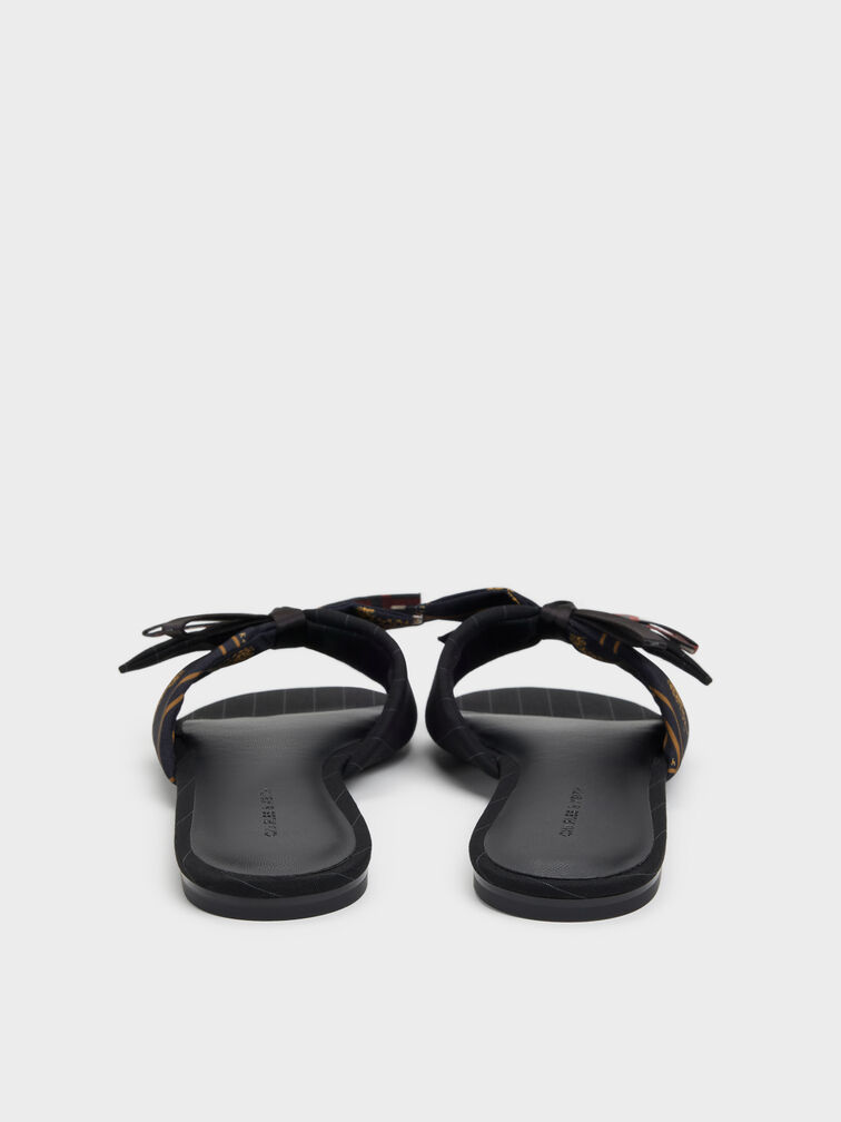 Satin Printed Bow Slide Sandals, Black Textured, hi-res
