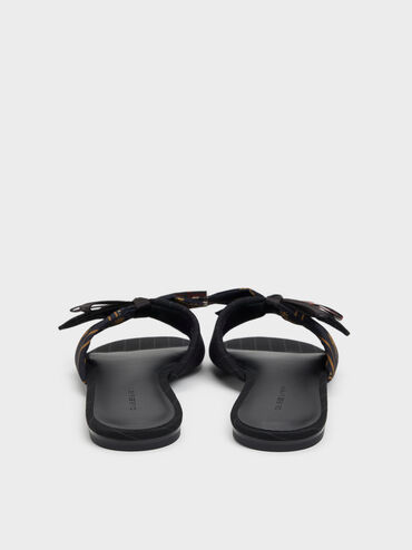 Satin Printed Bow Slide Sandals, Black Textured, hi-res